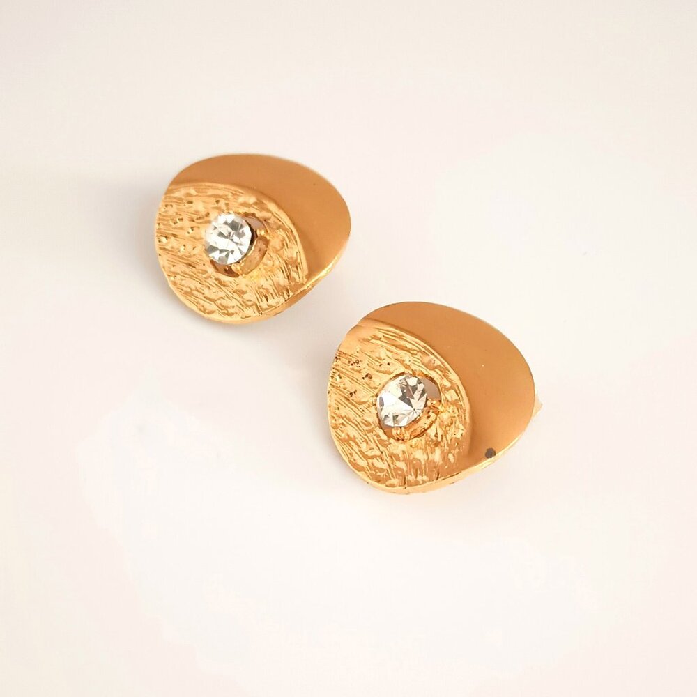 Vintage Textured Clip-On Earrings Statement Gold Tone Pronged Center Clear Stone